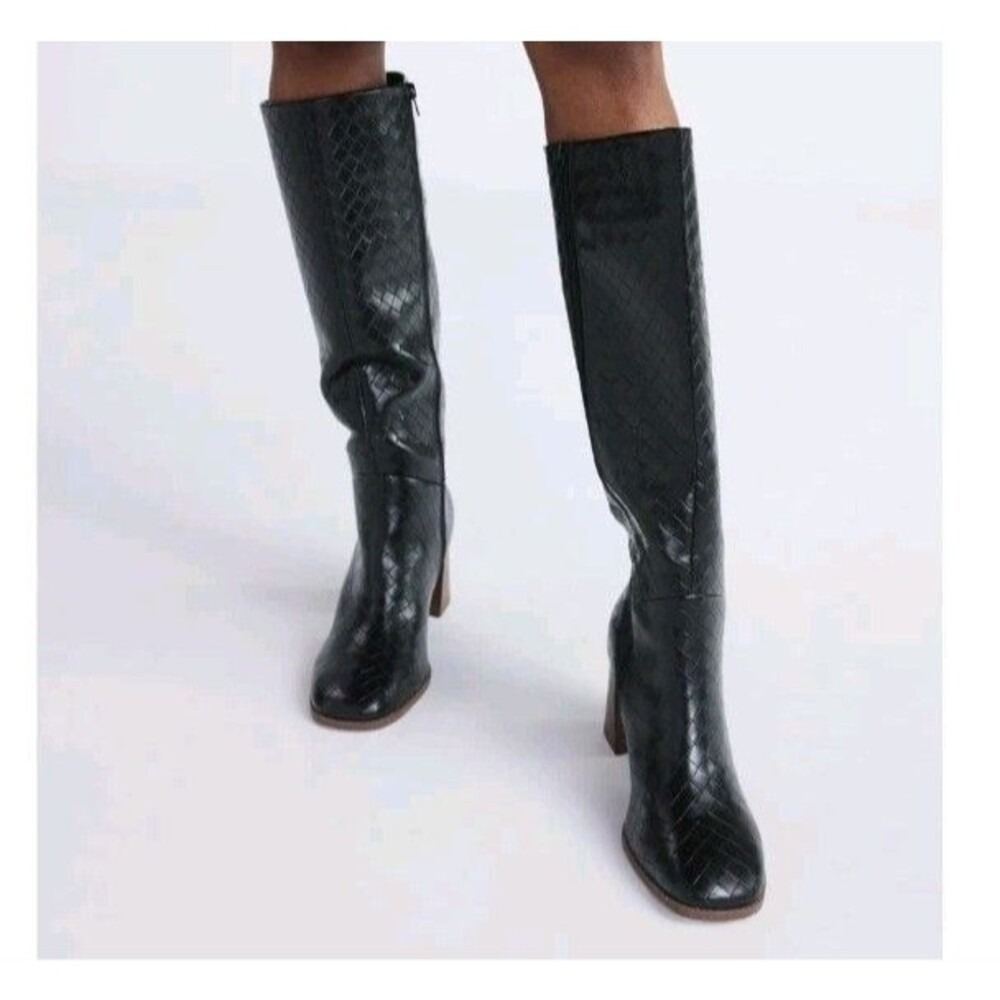 Dark Academia Woven Boho Goth Knee High Block Heel Boots NIB Size 10 Minimalist - Picture 2 of 8